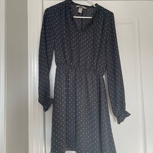 H&M Flowy Navy Polka Dot Dress with Front Tie